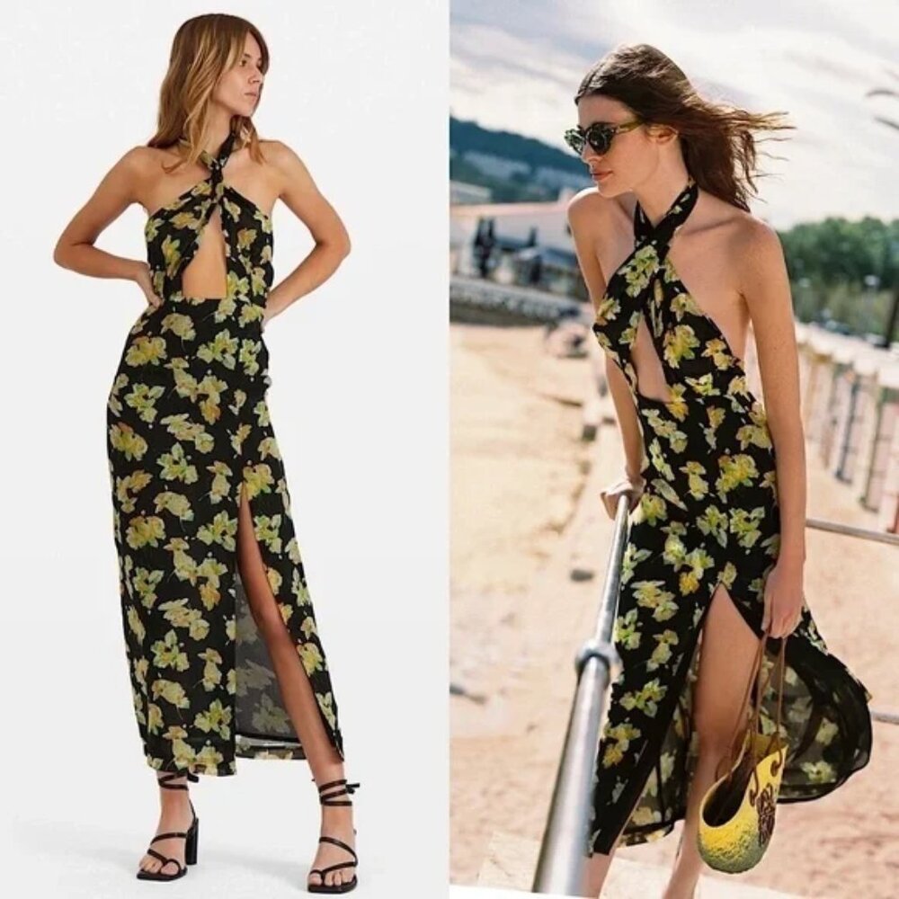 DE LA VALI‎ Rita Maxi Dress Floral Chiffon Twist Front Halter Neck Cutout Gown 6